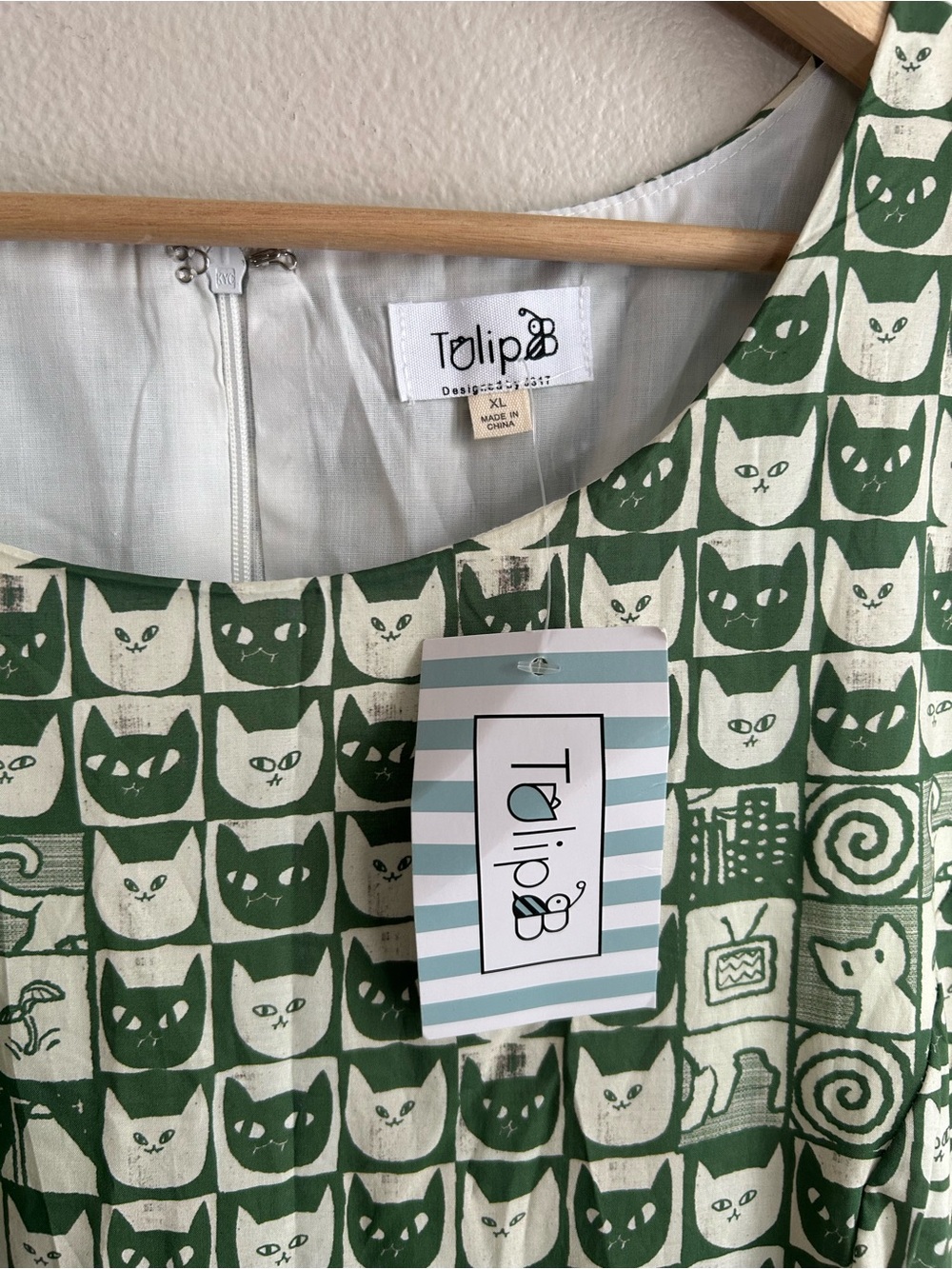 NWT Tulip B Vintage A Line Whimsical Green Cat Novelty Print Midi Dress Size XL - Picture 6 of 10